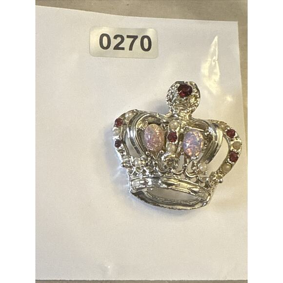 Vintage Crown Brooch Gold Tone Rhinestone Simulated Opal Cabochon LOOK READ - Picture 8 of 8